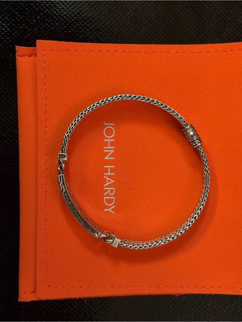 John Hardy Silver Chain Bracelet with Gold Bar on Orange Pouch